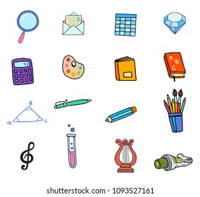 Back to School set of different vector objects. Everything from primary to university education. Kids, books, computer, arts and music, science, maths and chemistry.