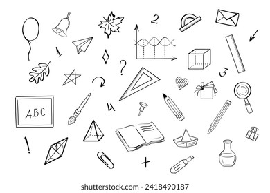 Back to school set of doodle elements. Sketch draw school supplies icons. Vector illustration in line. All elements isolated