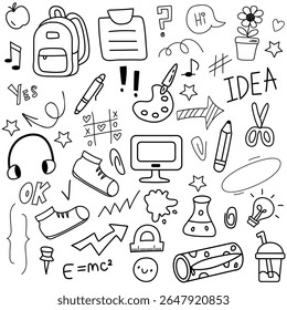 Back to school. Set of doodle school elements. School backpack, computer, pen, pencil, paper clips, formulas, strikethroughs, paints and brushes, brackets and other outline hand drawn school elements.