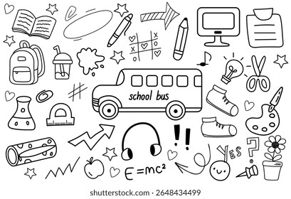 Back to school. Set of doodle school elements. Backpack, school bus, computer, pen, pencil, paper clips, formulas, strikethroughs and other outline hand drawn school elements.