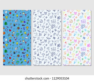 Back to school. Set of doodle pen drawn background. Hand drawn vector design elements on  sketchbook checkered paper background. Seamless patterns. Vector illustration