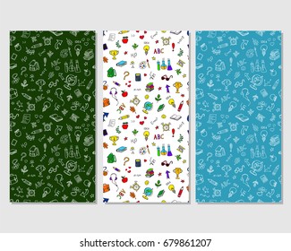 Back to school. Set of doodle  pen drawn backgrounds. Hand drawn vector design elements seamless patterns
