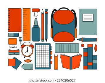Back to school. Set of doodle stationery isolated on white background. Vector cartoon illustration in hand drawn style. 