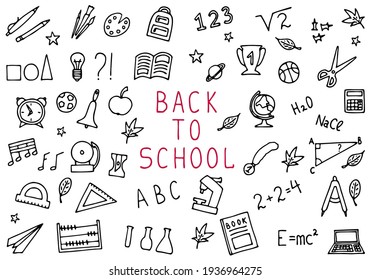 Back to school set in doodle style. Freehand drawing school items. Coloring page. Hand drawn.