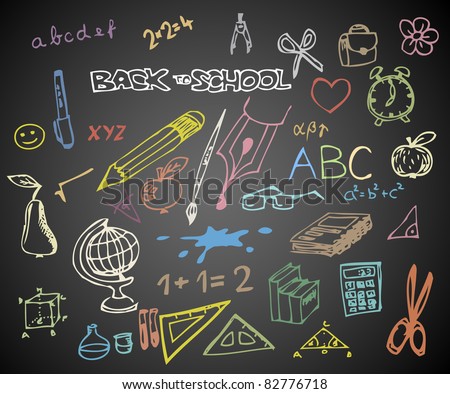 Back to school - set of school doodle vector illustrations on blackboard