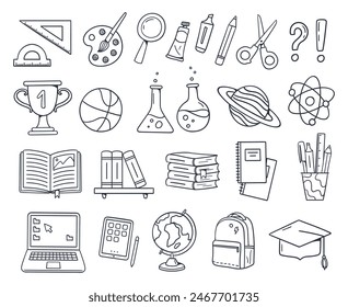 Back to school. Set of doodles with school supplies and educational elements. Hand-drawn vector illustrations isolated on a white background.