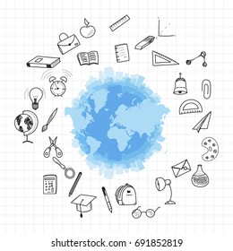 Back to school. Set of drawing vector elements with a sheet in a box. for education with endolar accessories. Vector illustration EPS 10