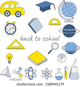 De vuelta a la escuela. Conjunto de imágenes editables con bus, globo, libro y planeta. Elementos de diseño. Ilustración vectorial.