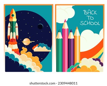 Back to school. Set of education banner in paper cut style with rocket, pencil, clouds. Can be used for greeting card, poster, flyer, label, sticker, tag design. Vector illustration EPS8