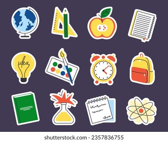 Back to school set. Education and learning. Paintbrush, light bulb, globe and clocks. Atom structure and flask with reagent. Cartoon flat vector collection isolated on black background