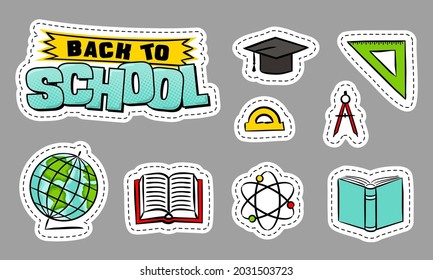 Back to school. A set of School element stickers. Educational icons, physics, science, geometry, algebra. Vector illustration for badges, labels, banner, poster, flyer or booklet