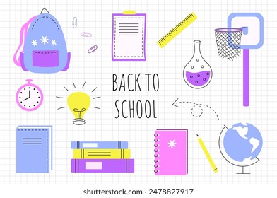 Back to school. Set of school elements, backpack, books, globe, notebook, pencil. Bright hand drawn doodle vector illustration.