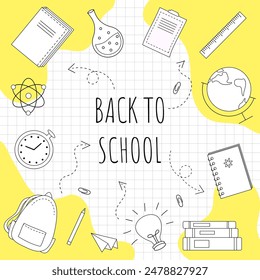 Back to school. Set of school elements, backpack, books, globe, notebook, pencil. Poster, banner, greeting card. Hand drawn doodle vector illustration with yellow colors.