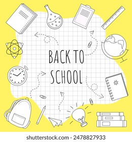 Back to school. Set of school elements, backpack, books, globe, notebook, pencil. Poster, banner, greeting card. Hand drawn doodle vector illustration with yellow colors.