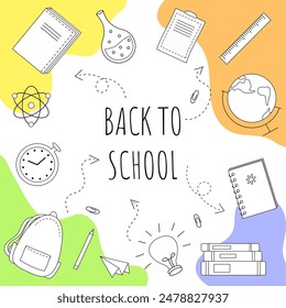 Back to school. Set of school elements, backpack, books, globe, notebook, pencil. Poster, banner, greeting card. Bright hand drawn doodle vector illustration.