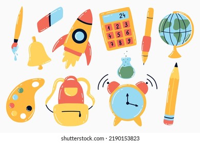 Back to school set. School elements set. Globe, backpack, pen, calculator, alarm clock, pencil. Vector illustration.