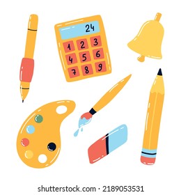 Back to school set. Set of school elements. Pen, pencil, eraser, calculator, bell, palette. Vector illustration.