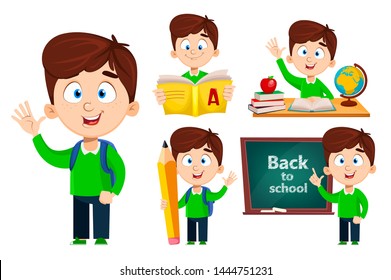 Back to school, set of five poses. Cute boy going to study. Funny cartoon character. Vector illustration.