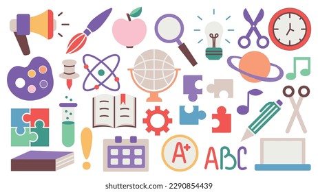 Back to school. A set of flat icons of stationery for studying at school. Collection of isolated education colorful kids accessory. vector object stuff design. cartoon graphic patch element children.