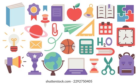 Back to school. A set of flat icons of stationery for studying at school. Collection of isolated education colorful kids accessory. vector object stuff design. cartoon graphic patch element children.