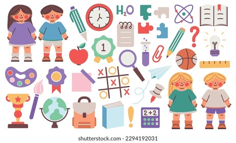 Back to school. A set of flat icons of stationery for studying at school. Collection of isolated education colorful kids accessory. vector object stuff design. cartoon graphic patch element children.