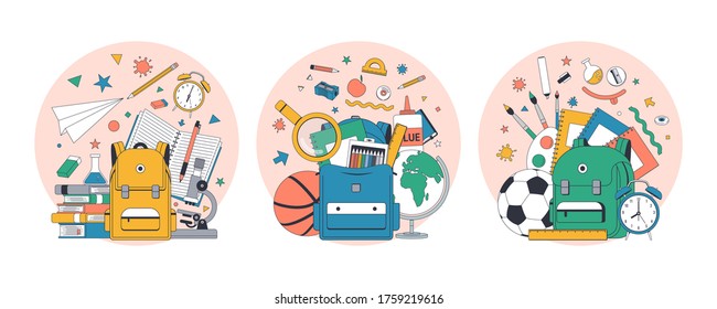 Zurück zur Schule. Set von Schulflach-Illustration. Vektorgrafik