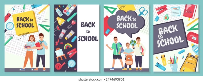 Back to school set flyers. Cute childhood illustration with kids, book, paper clip, pen, stationery, bag Collection for print, education, learning. Vector illustrations for poster, banner, advertising
