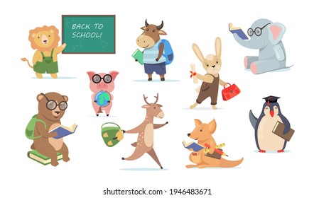 Back to school set with funny cartoon animals. Flat vector illustration. Collection of animals representing school students writing, studying, reading books. School, animal concept for print, design