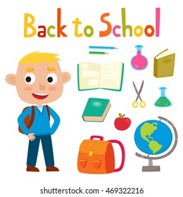 Back to school set with girl stand with book school supplies: backpack, pencils, book, globe, glasses, scissors isolated on white. Design elements for child books, stickers, posters, web pages. 