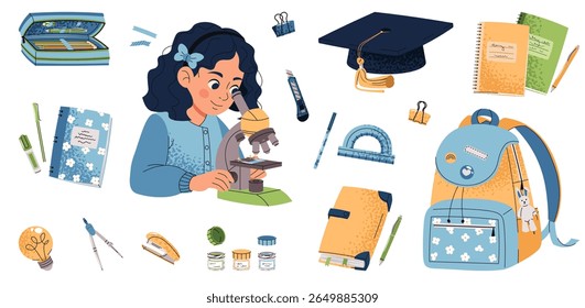 Voltar à escola Conjunto com menina usando microscópio, mochila, livros, notebooks, papelaria, Cap acadêmico. Design plano para adesivos escolares, materiais educacionais, decoração de sala de aula, planejadores. Material Escolar