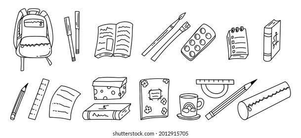 Back to school set of hand drawn illustration of stationary accessories, books, pens, backpack, rulers, cup, paper for coloring book, poster, cards. Vector illustration.