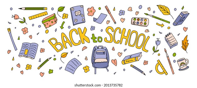 Back to school set of hand drawn illustration of stationary accessories and lettering, books, pens, backpack, rulers, cup, paper for print, poster, cards, stickers. Vector illustration.