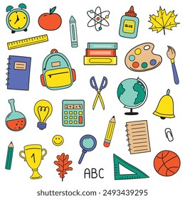 Back to School set with hand drawn stickers. Supply icons. Vector illustration