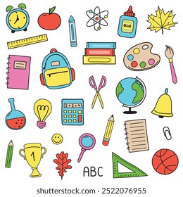 Back to School set with hand drawn stickers. Supply icons. Vector illustration