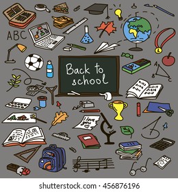 back to school, set, hand drawn, sketch, doodle, vector, color