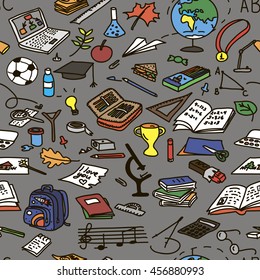 back to school, set, hand drawn, sketch, doodle, vector, color, seamless pattern
