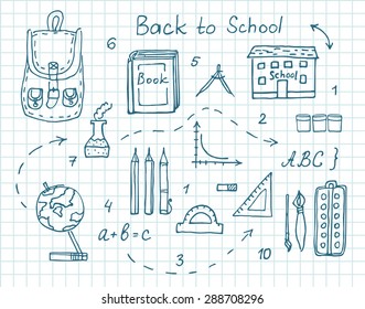 Back to school. A set of hand-drawn blue pen objects. Vector.