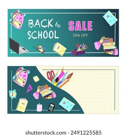 Back to school set horisontal promo sale banners with school supplies. Vecor illustration for education poster, stationery shop advertisement, discount, special offer