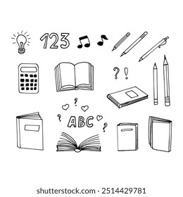 Icono de conjunto de regreso a la escuela. boceto estilo doodle dibujado a mano. Vector, minimalismo, monocromo. Biblioteca, lectura de aprendizaje.