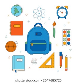 Back to school set icons color. Creative design icon collection for arts and crafts projects. Motivational icons. Education. Achievement, spirit, success, process. Vector template. EPS 10
