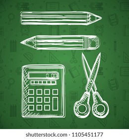 back to school set icons drawing in chalkboard
