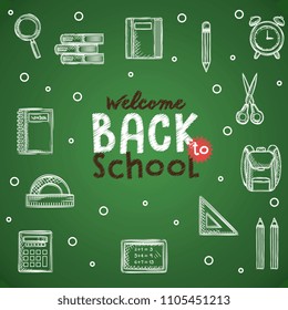 back to school set icons drawing in chalkboard