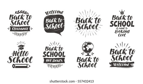 Back to school, set icons. Handwritten lettering. Label vector illustration