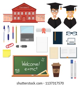 Back to school set of icons isolated vector. University building, Teacher professor, pen pencil, notebook and textbook, blackboard, glasses, coffee cup, scroll and marker, eraser ruler, list of paper
