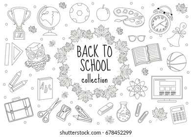 Back to school set of icons, line style. Education collection of doodle design elements, outline. Coloring page for children, kids. Isolated on white background. Vector illustration, clip-art