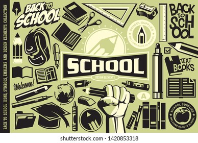Back to school set of icons, logos, symbols, emblems and design elements. Education vector collection. Pencils and books.