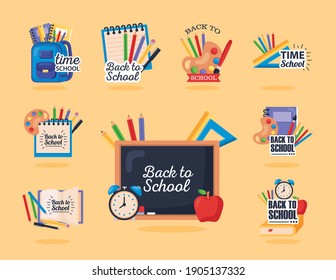 back to school set icons on yellow background vector illustration design