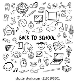 Back to school. A set of school items: numbers, letters, a backpack, a globe, a computer, a book, a notebook, paints, a brush, etc. Vector illustration isolated on a white background.