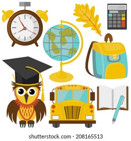 Back to school. Set of school items. Vector  illustration.