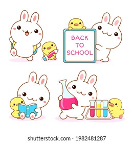 Back to school. Set of kawaii bunny and duckling. Cute little duck and rabbit friends with a backpack, book, chemical flasks. Vector illustration EPS8 